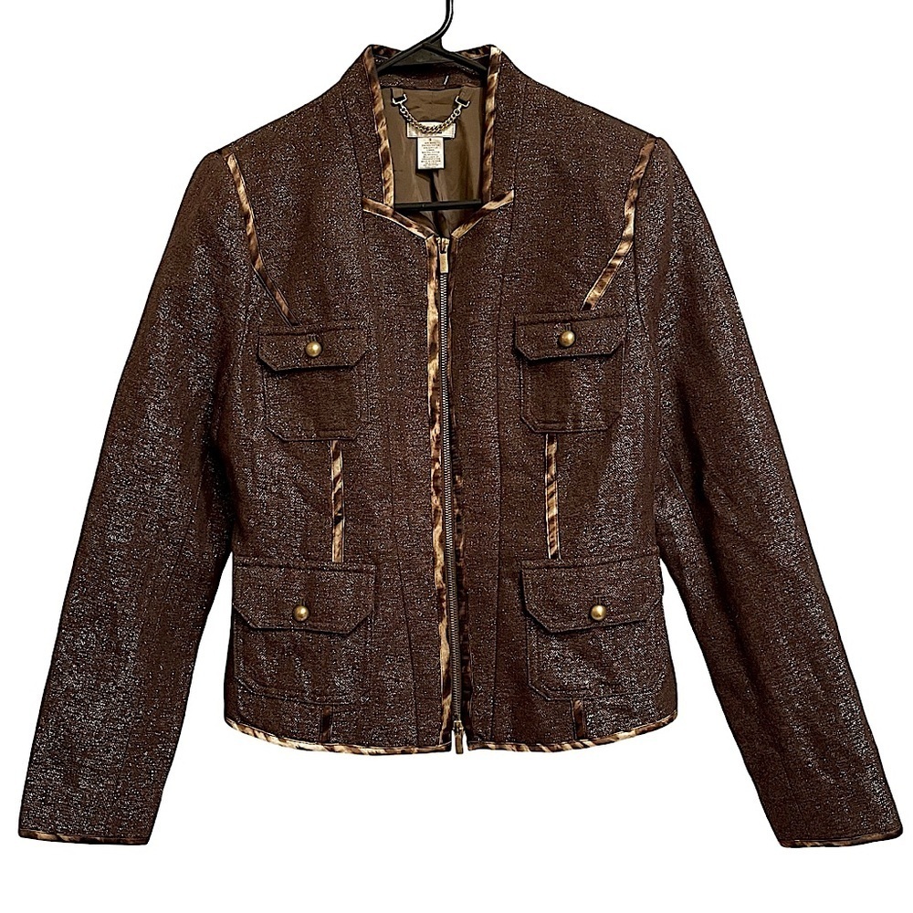 Cache Metallic Brown Zip Jacket Leopard Print Trim Trending Wool Blend Size 8